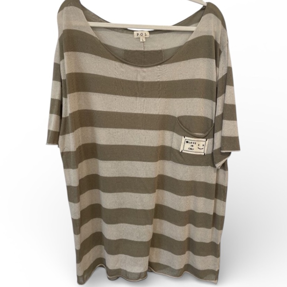 POL Striped Pocket Tee Size Large Scoop Neck Short Sleeve Relaxed Fit Neutral